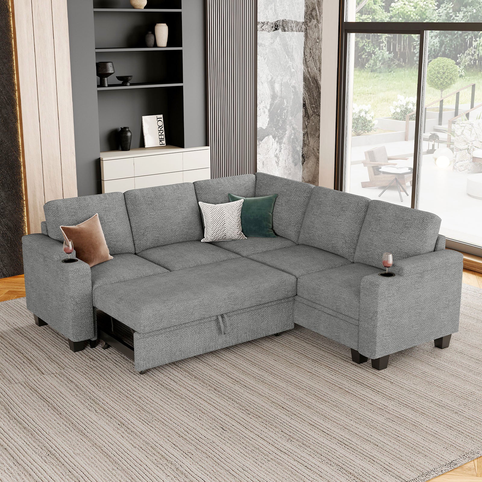 Belffin Modular 5 Seater Modular Chenille Pull-out  Sleeper Sofa with Storage Seats