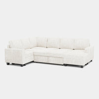 White-Beige-/-Faux-Rabbit-Fur-Corduroy-6-Seat-U-Shaped-Right-Chaise-Pullout-Sectional