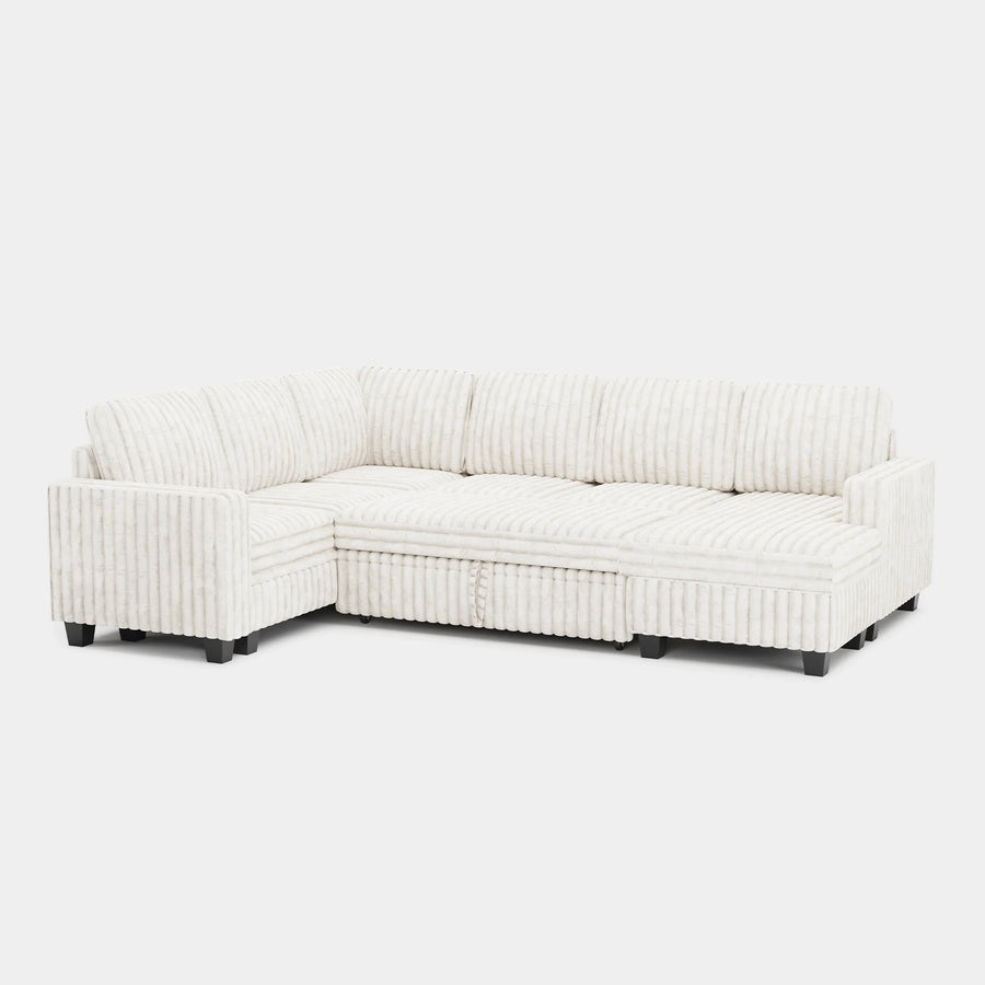 White-Beige-/-Faux-Rabbit-Fur-Corduroy-6-Seat-U-Shaped-Right-Chaise-Pullout-Sectional