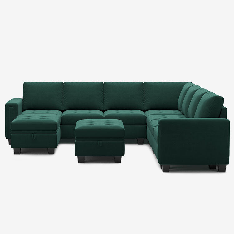 Myrtle-Green-/-Velvet-9-Seat-U-Shaped-Sectional-with-Return