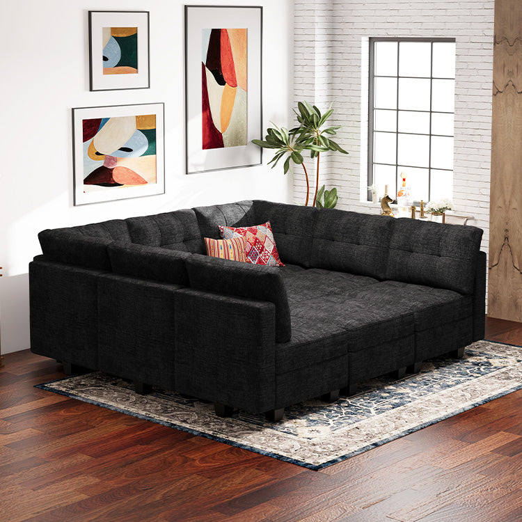 Belffin 9 Seats + 9 Sides Modular Chenille Tufted Sleeper Sofa with Storage Seat