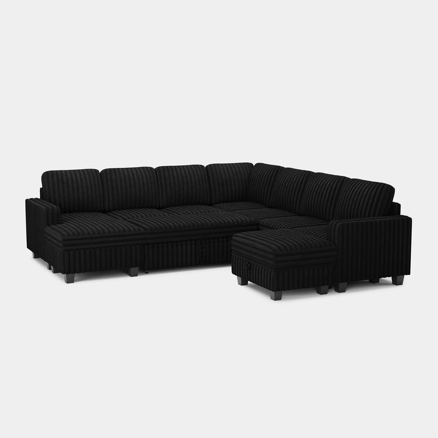 Piano-Black-/-Faux-Rabbit-Fur-Corduroy-8-Seat-U-Shaped-Left-Chaise-Pullout-Sectional