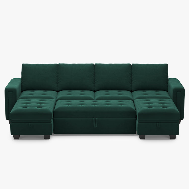 Myrtle-Green-/-Velvet-6-Seat-U-Shaped-Pullout-Sectional