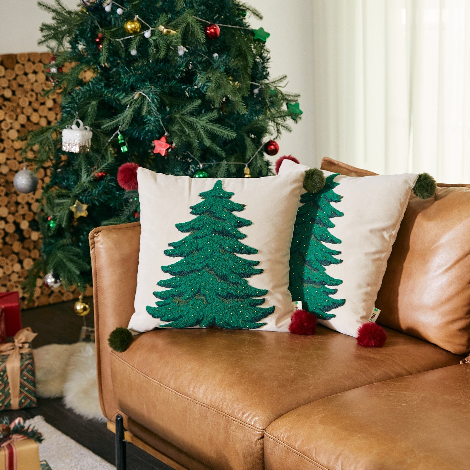 🎁 Belffin Glittering Christmas Tree Pillow with Pom-Poms - Set of 2 (100% off)