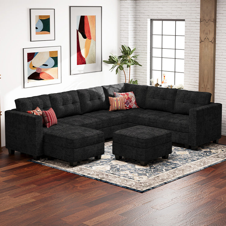 Belffin 7 Seats + 9 Sides Modular Chenille Tufted Sofa with Storage Ottoman