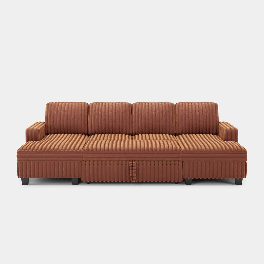 Caramel-Brown-/-Faux-Rabbit-Fur-Corduroy-4-Seat-U-Shaped-Double-Chaise-Pullout-Sectional
