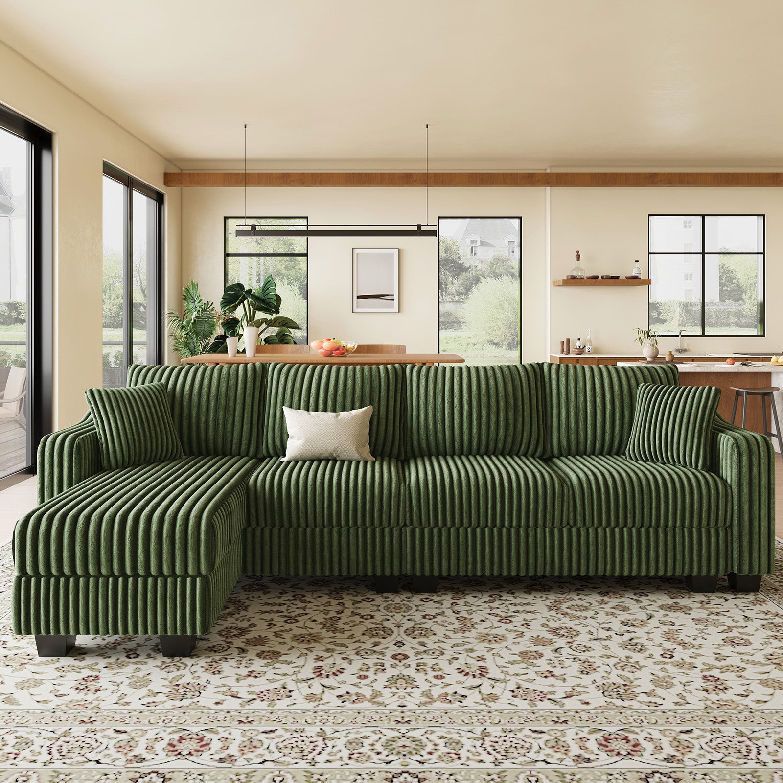 Olivewood-Green-/-Corduroy-4-Seats-L-Shaped-Sectional