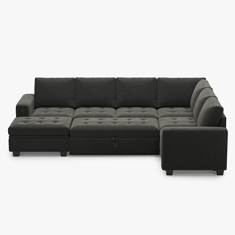 Belffin 7 Seats Modular Velvet Tufted Pull-out Sofa With Storage Ottoman
