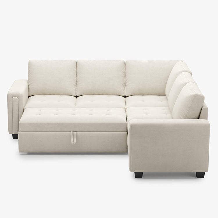 Cotton-Beige-/-Velvet-5-Seat-L-Shaped-Pullout-Sectional