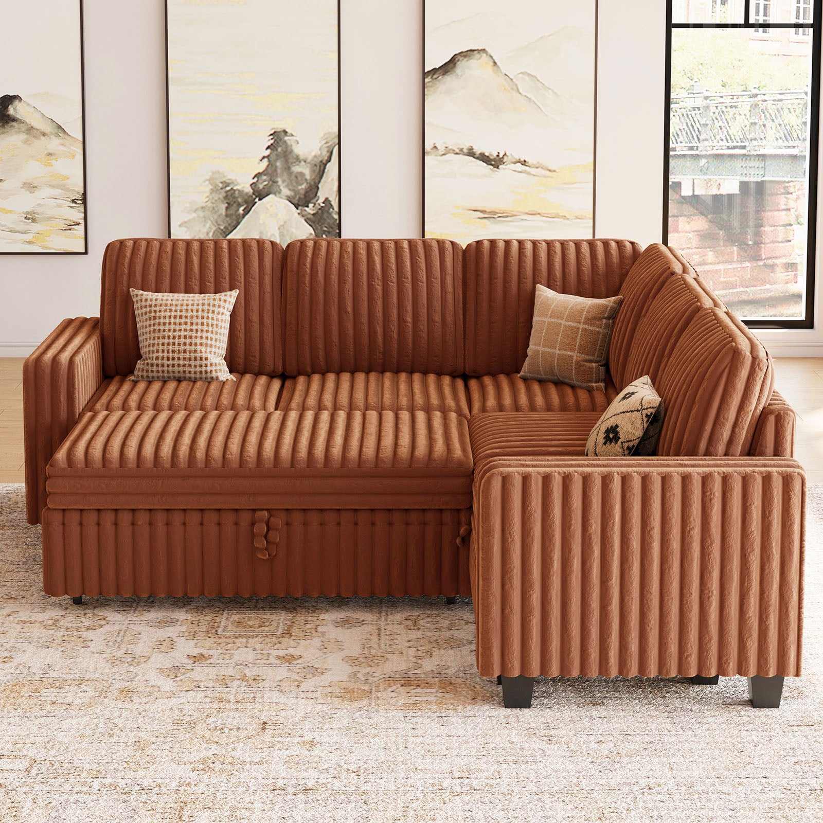 Belffin 5 Seats Modular Faux Rabbit Fur Corduroy Pull-out Sleeper Sofa with Storage Seats