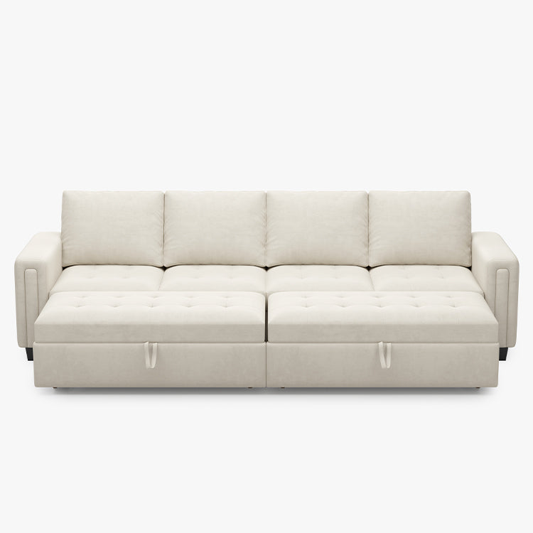 Cotton-Beige-/-Velvet-4-Seat-Double-Pullout-Sofa