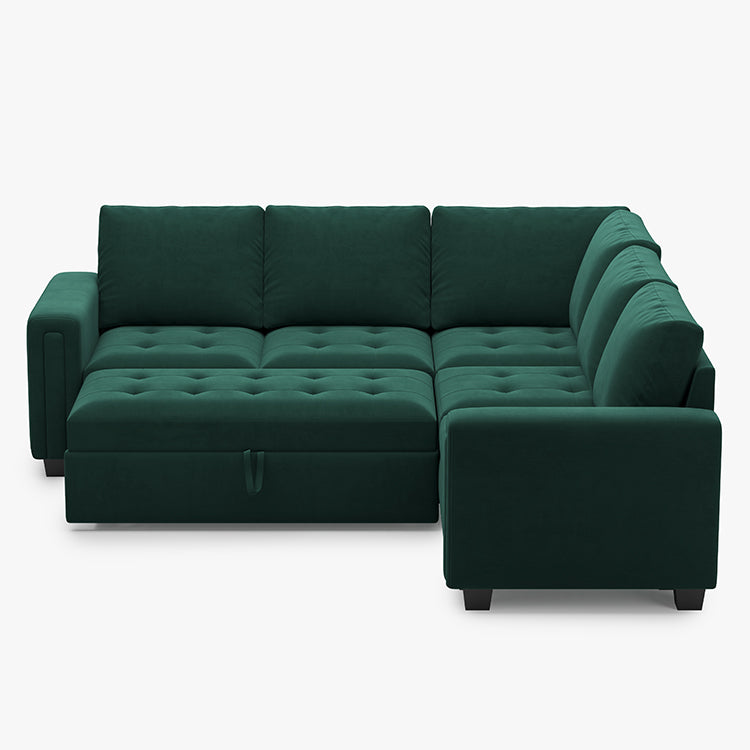 Myrtle-Green-/-Velvet-5-Seat-L-Shaped-Pullout-Sectional