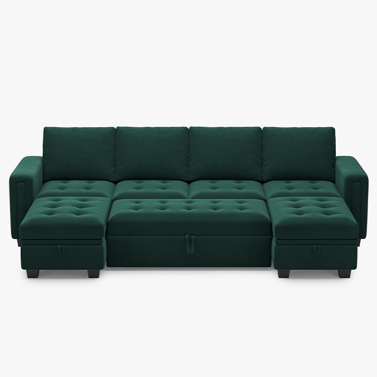 Belffin 6 Seats Modular Velvet Tufted Pull-out Sofa With Storage Ottoman