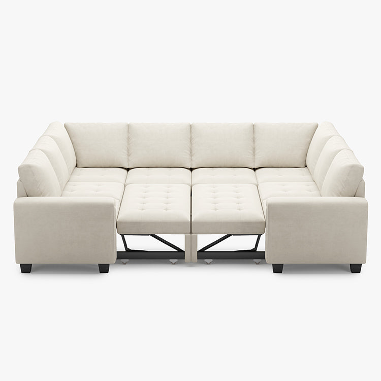 Cotton-Beige-/-Velvet-8-Seat-U-Shaped-Double-Pullout-Sectional