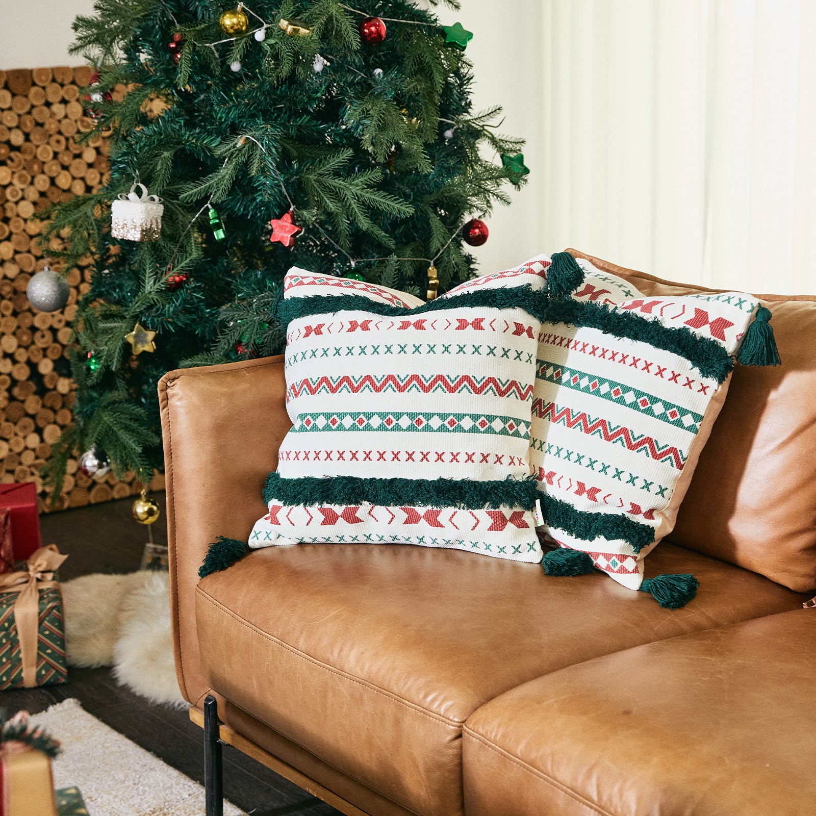 Belffin Christmas Pillow with Stripe Tassel - Set of 2