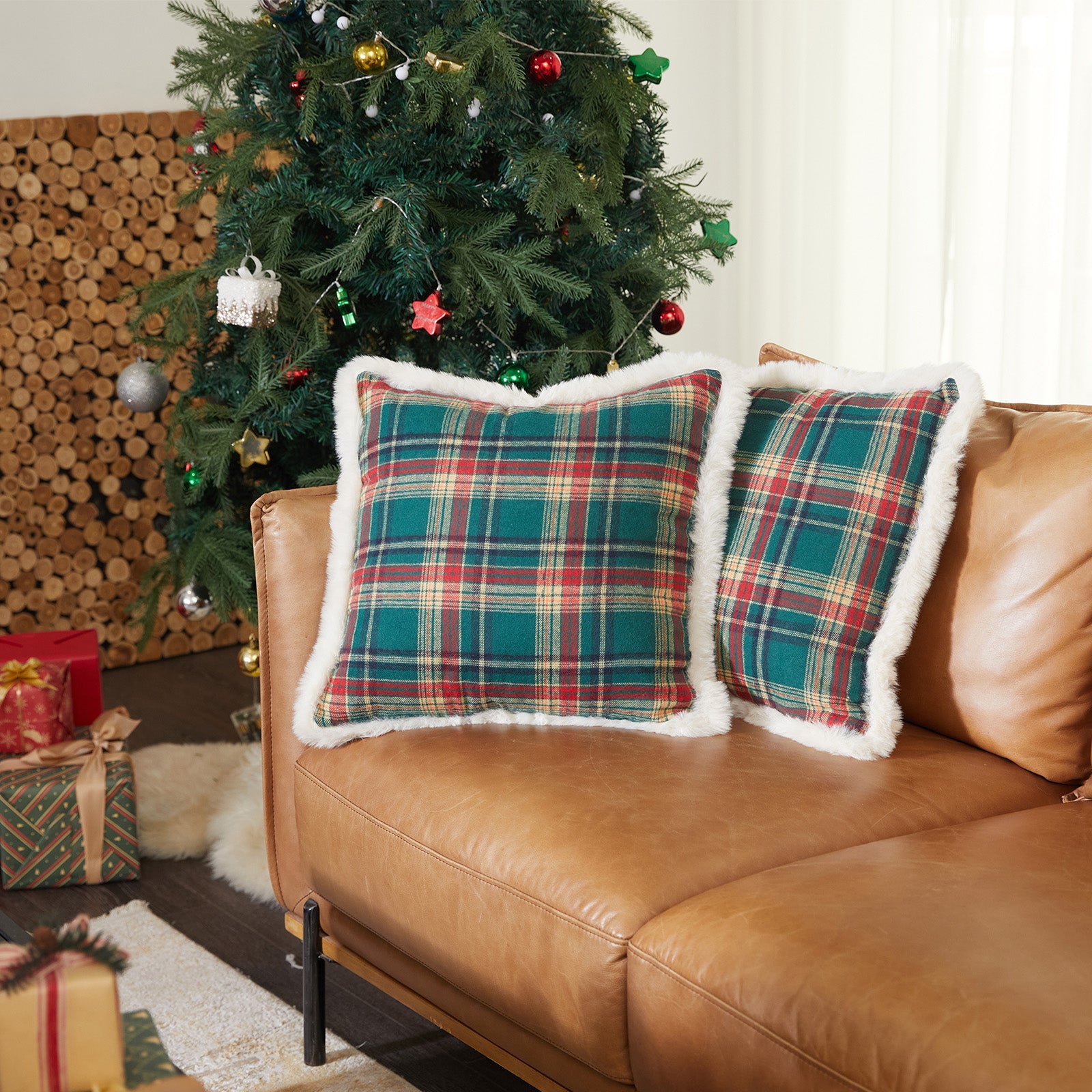 Belffin Festive Fluffy Trim Plaid Pillow - Set of 2