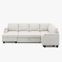Misty-White-/-Chenille-6-Seat-U-Shaped-Right-Chaise-Pullout-Sectional