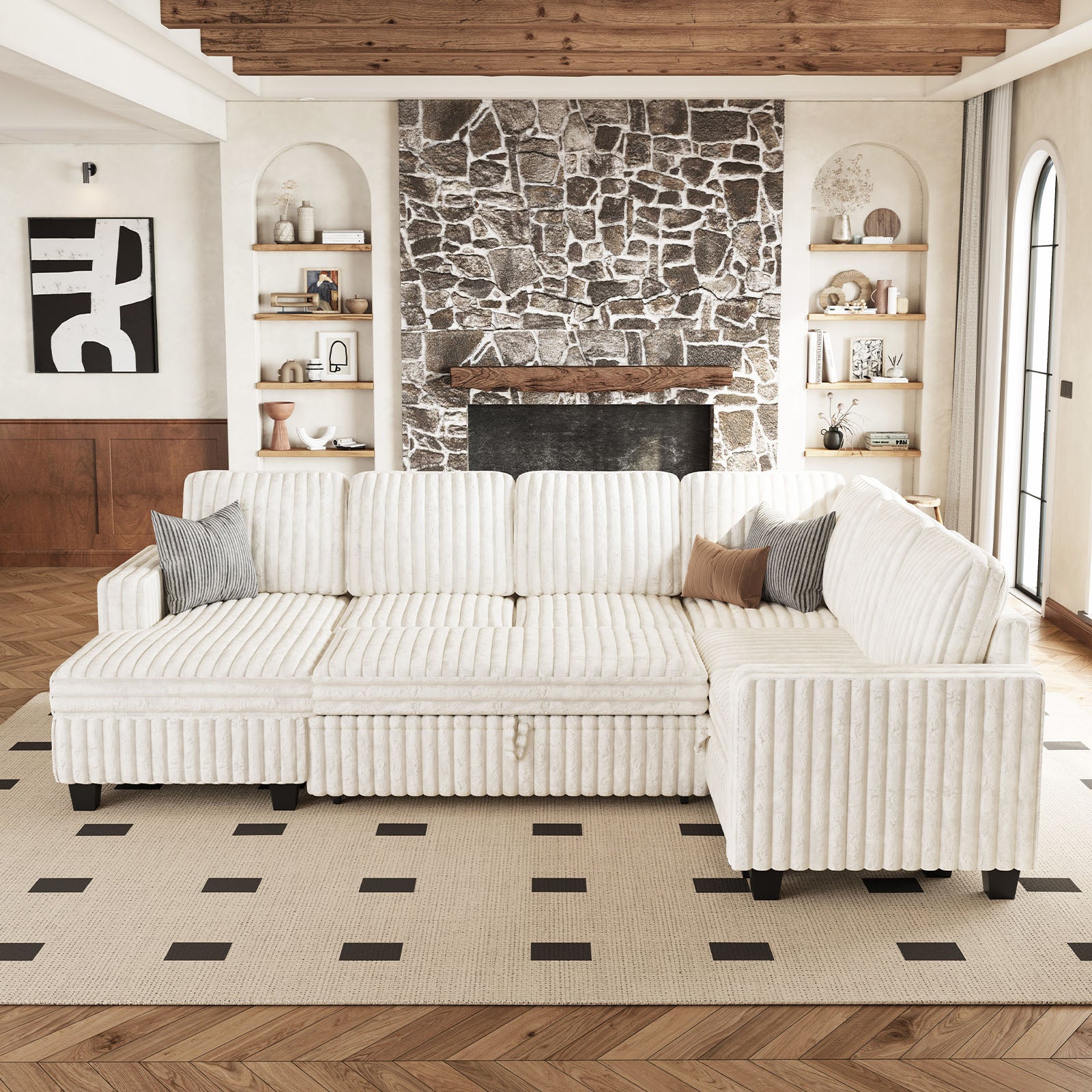 Plume 6 Seats Modular Faux Rabbit Fur Corduroy Pull-out Sleeper Sofa with Storage Seats and Ottoman