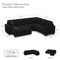 Piano-Black-/-Faux-Rabbit-Fur-Corduroy-6-Seat-L-Shaped-Pullout-Sectional