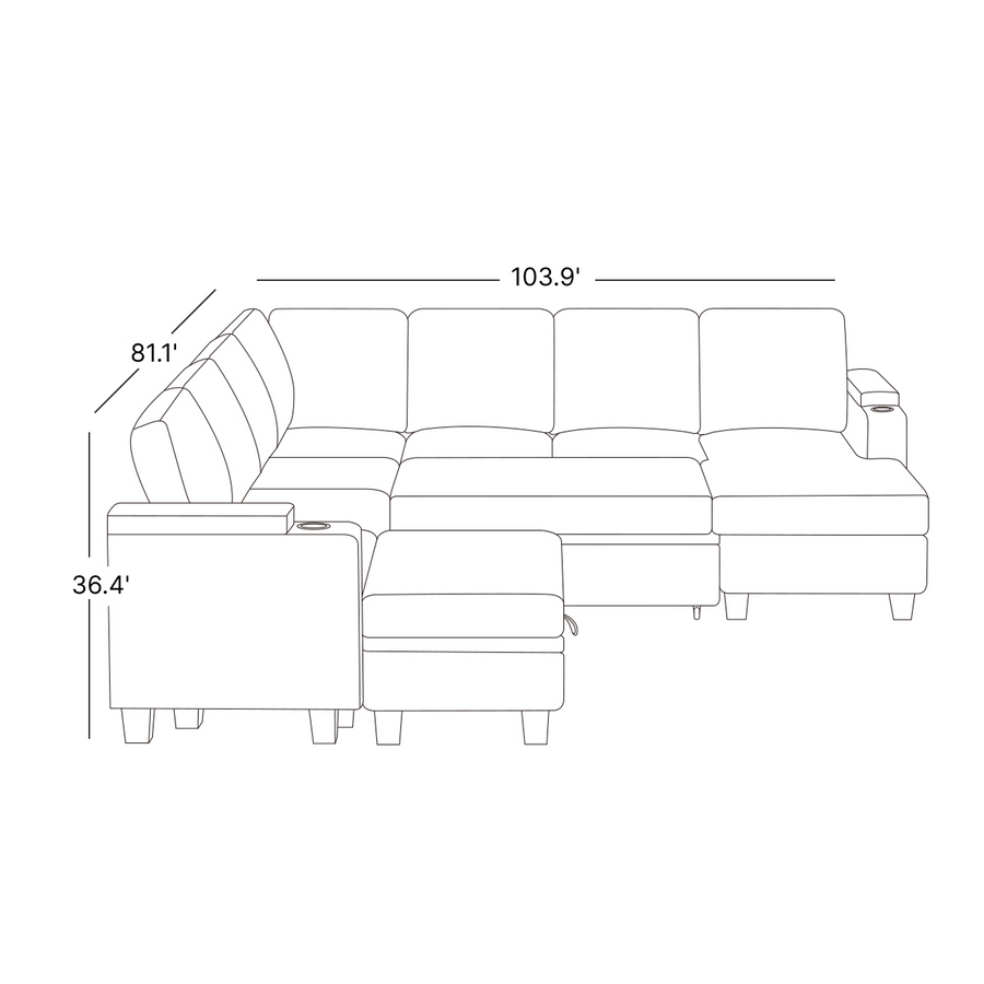 8-Seat-U-Shaped-Right-Chaise-Pullout-Sectional-dimension