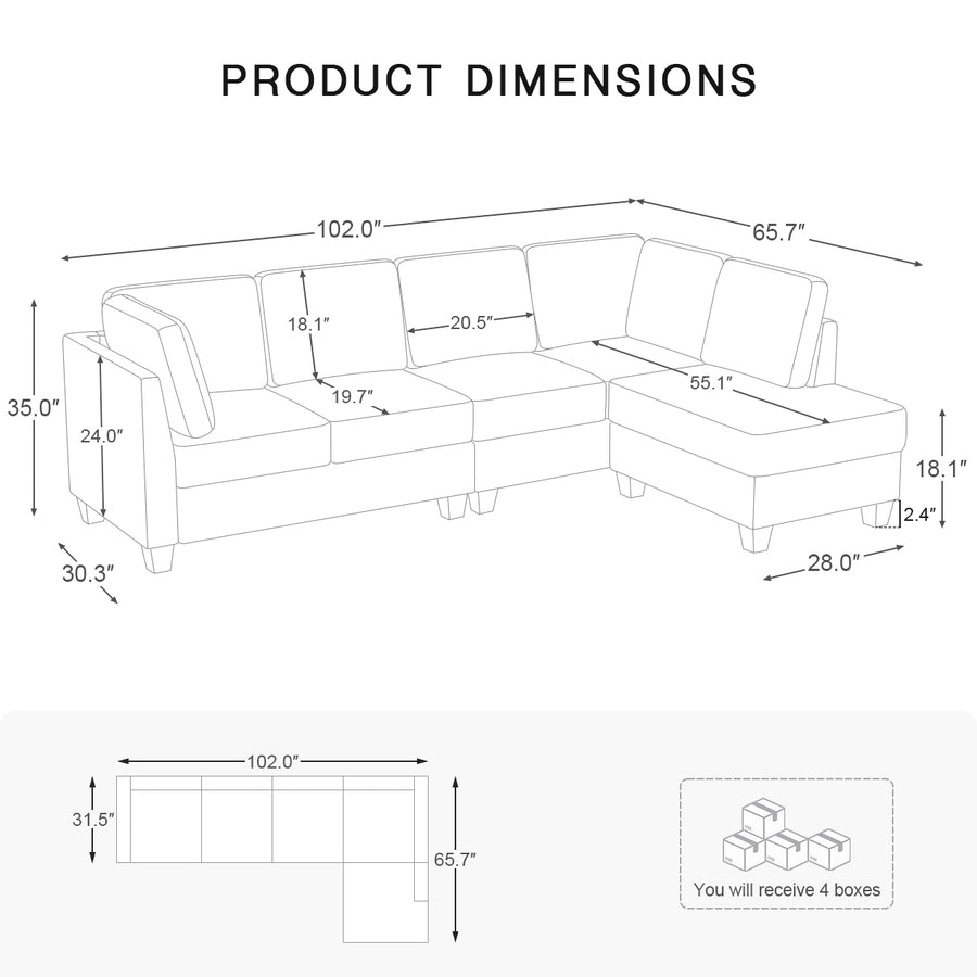 4-Seat-Right-Chaise-Sectional-dimension