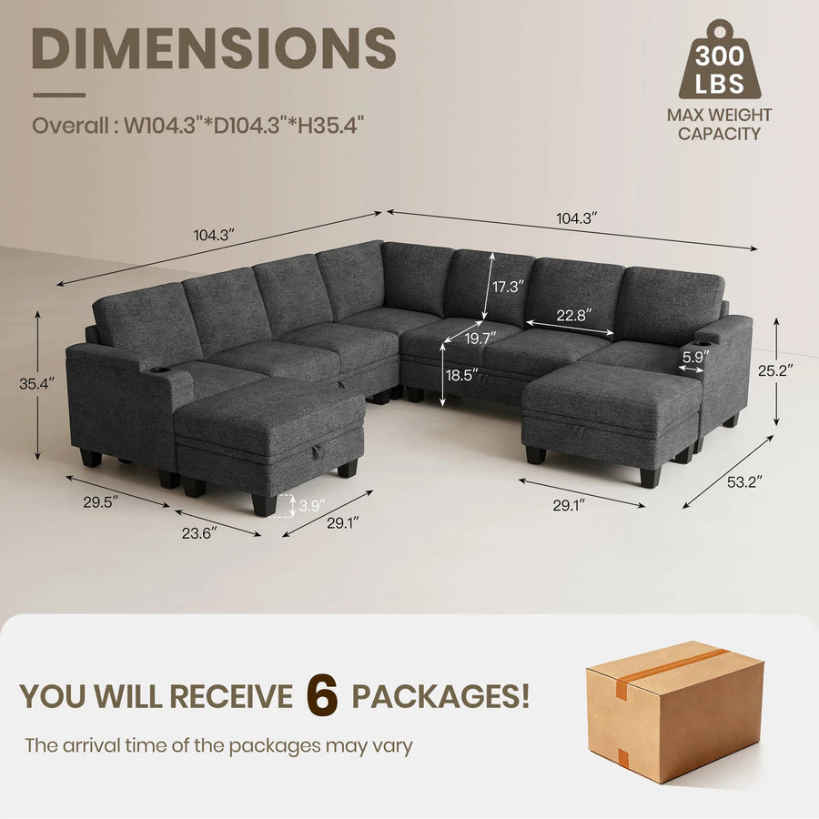Graphite-Grey-/-Chenille-9-Seat-U-Shaped-Sectional-with-Return-dimension