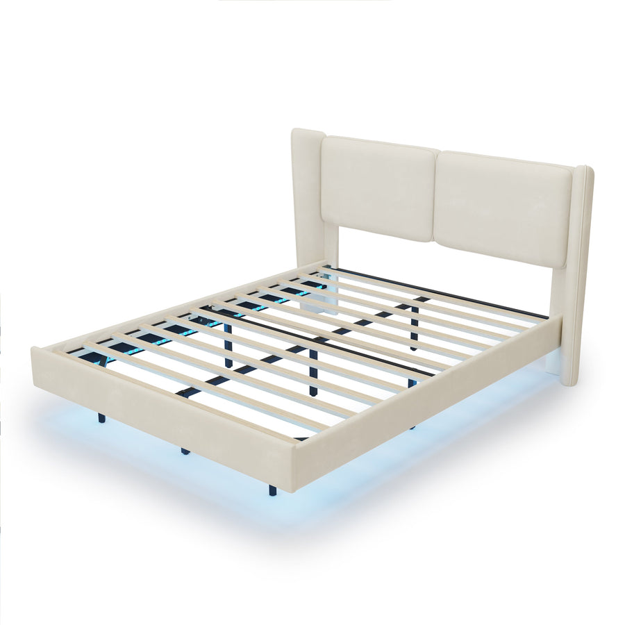 Modern Style Velvet Floating Bed Frame with LED Lights BSN