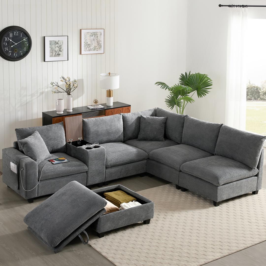 corduroy-Pewter-Grey-4-Seats-U-Shaped-Sectional