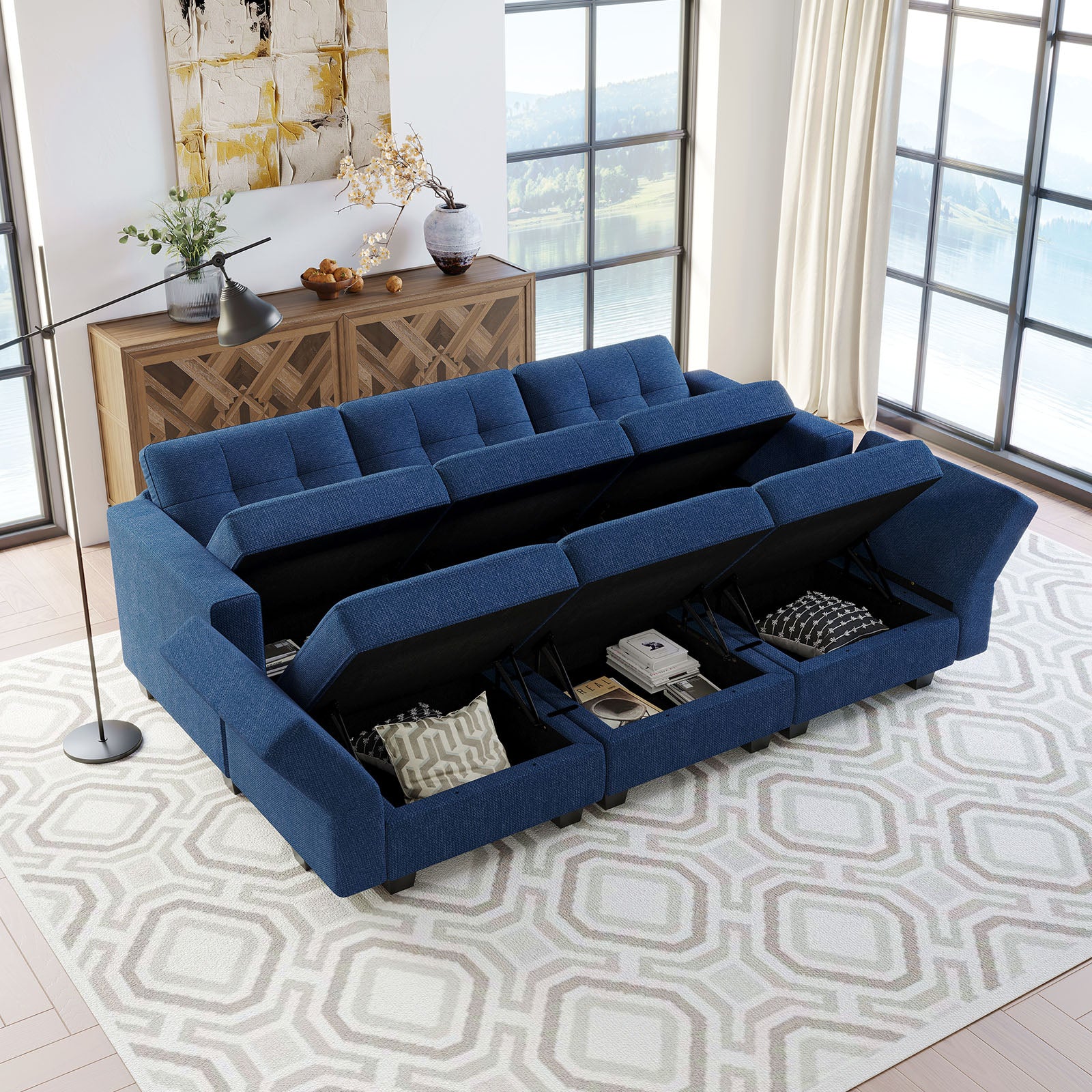 Belffin 6 Seats + 7 Sides Modular Weave Sleeper Sofa with Storage Seat