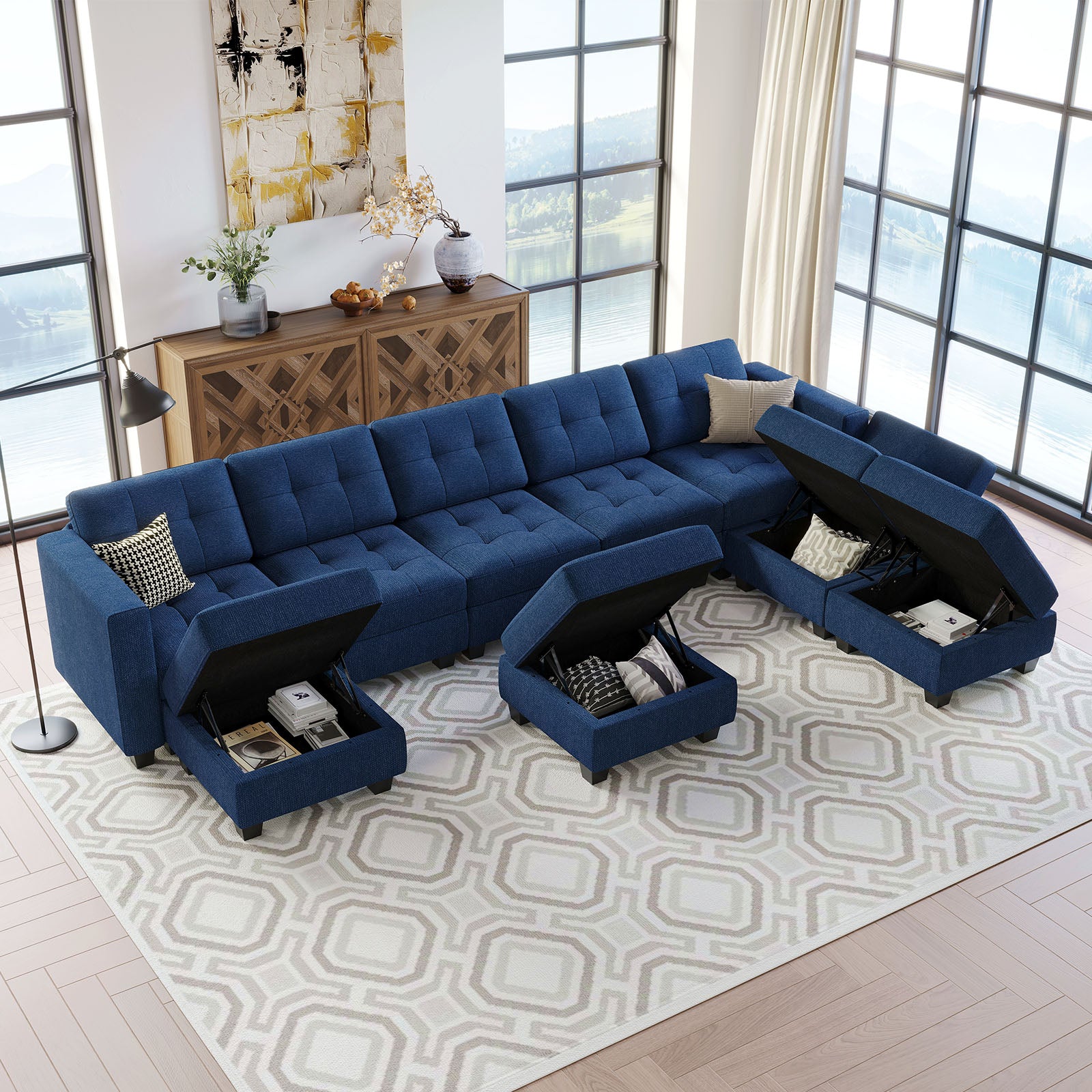 Belffin 8 Seats + 8 Sides Modular Weave Sofa with Storage Seat and Ottoman