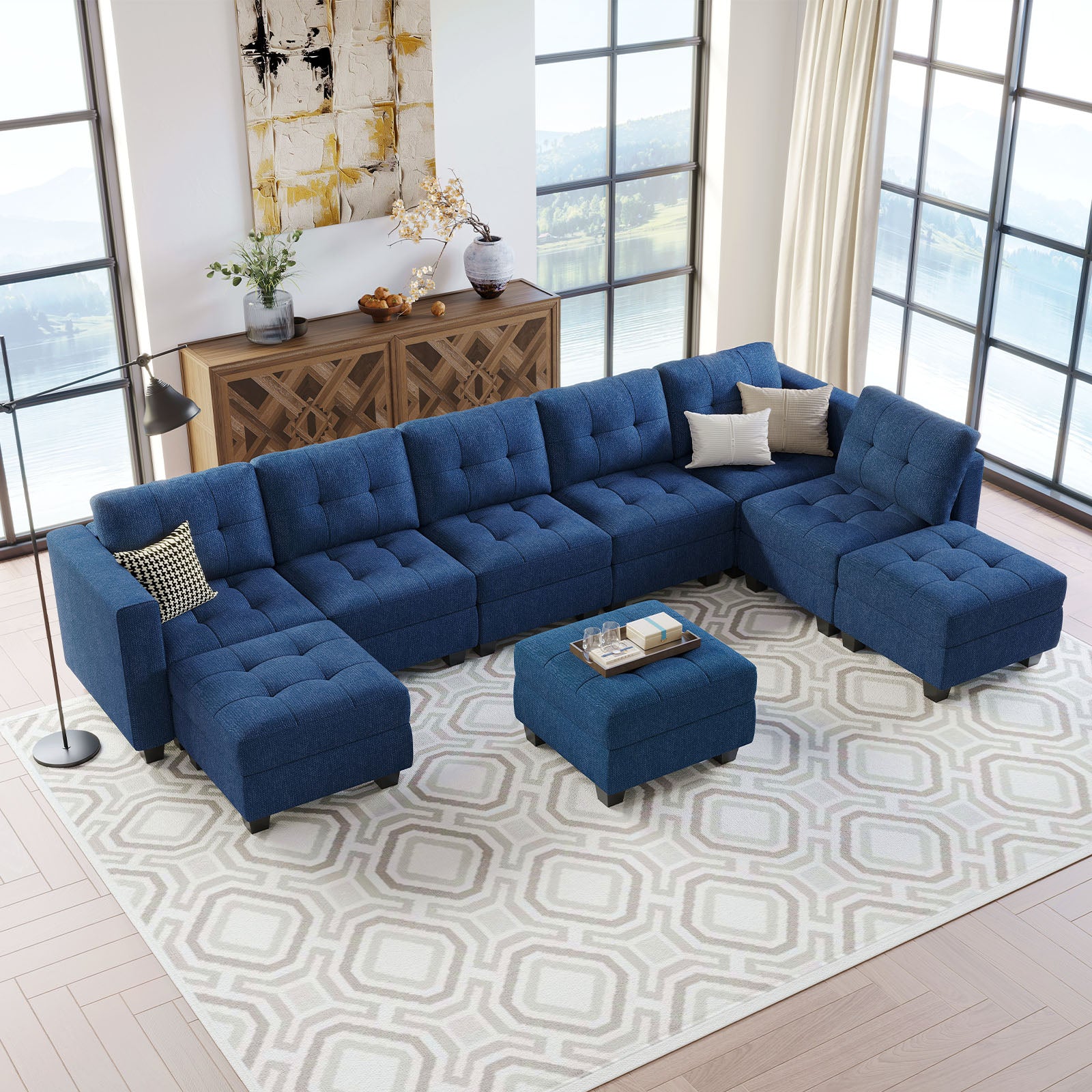 Belffin 8 Seats + 8 Sides Modular Weave Sofa with Storage Seat and Ottoman