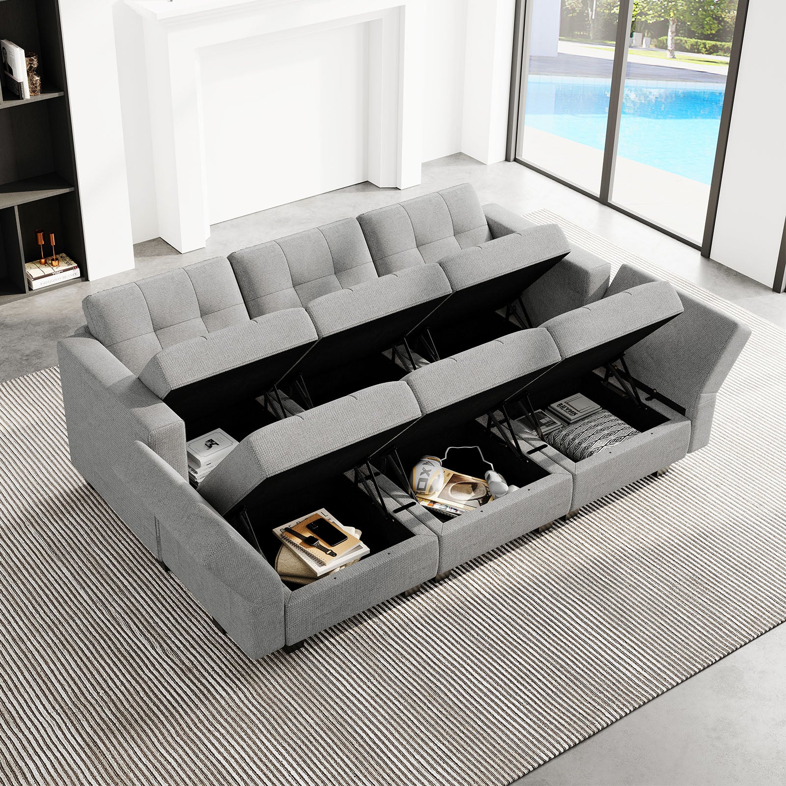 Belffin 6 Seats + 7 Sides Modular Weave Sleeper Sofa with Storage Seat