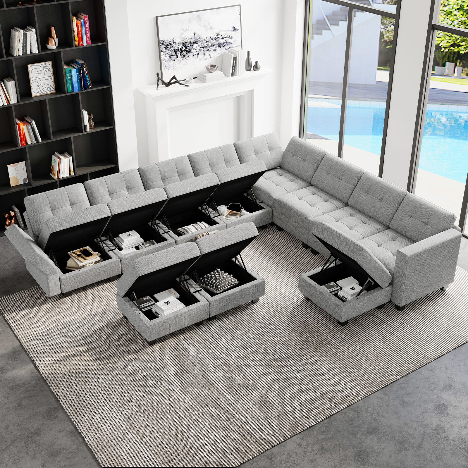 Belffin 9 Seats + 11 Sides Modular Weave Sofa with Storage Seat and Ottoman