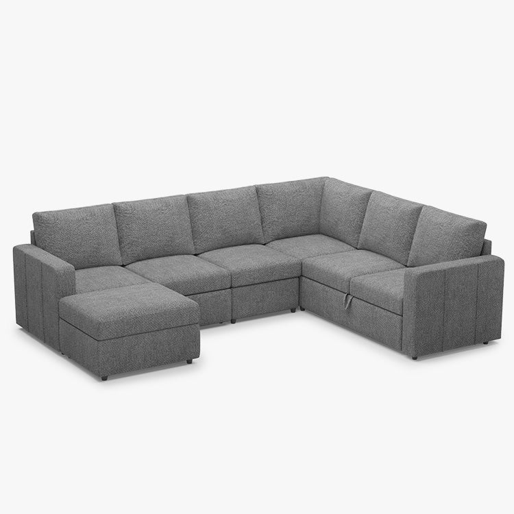 Belffin 6 Seats Modular Chenille Pull-out Sofa with Storage Ottoman