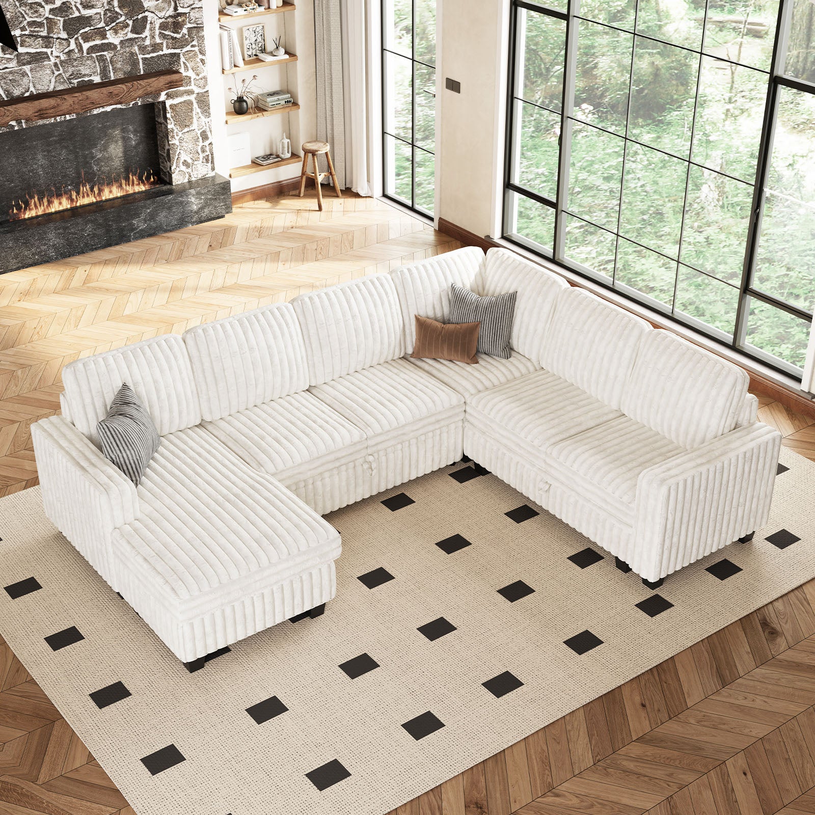 Plume 6 Seats Modular Faux Rabbit Fur Corduroy Pull-out Sleeper Sofa with Storage Seats and Ottoman