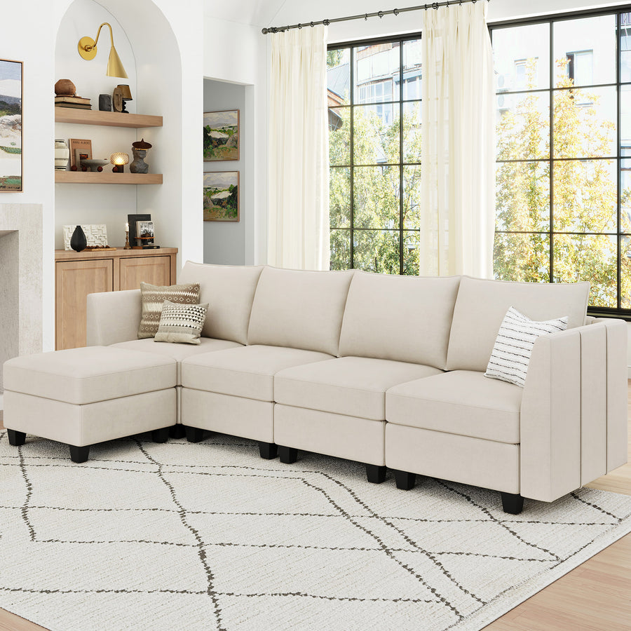 Cosmic-Latte-/-Velvet-5-Seat-L-Shaped-Sectional