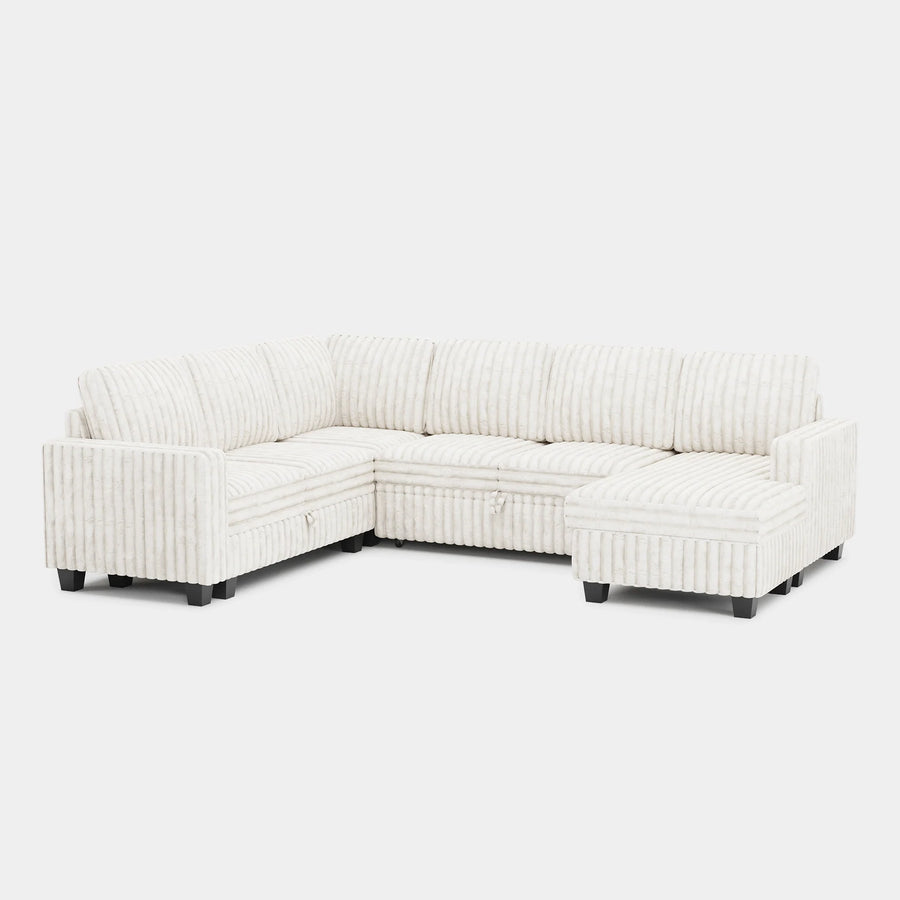 White-Beige-/-Faux-Rabbit-Fur-Corduroy-6-Seat-U-Shaped-Right-Chaise-Pullout-Sectional