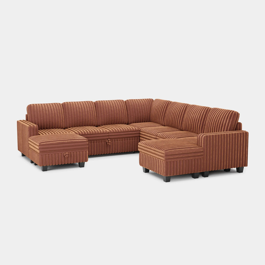 Caramel-Brown-/-Faux-Rabbit-Fur-Corduroy-8-Seat-U-Shaped-Right-Chaise-Pullout-Sectional