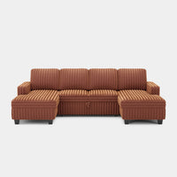 Caramel-Brown-/-Faux-Rabbit-Fur-Corduroy-4-Seat-U-Shaped-Double-Chaise-Pullout-Sectional