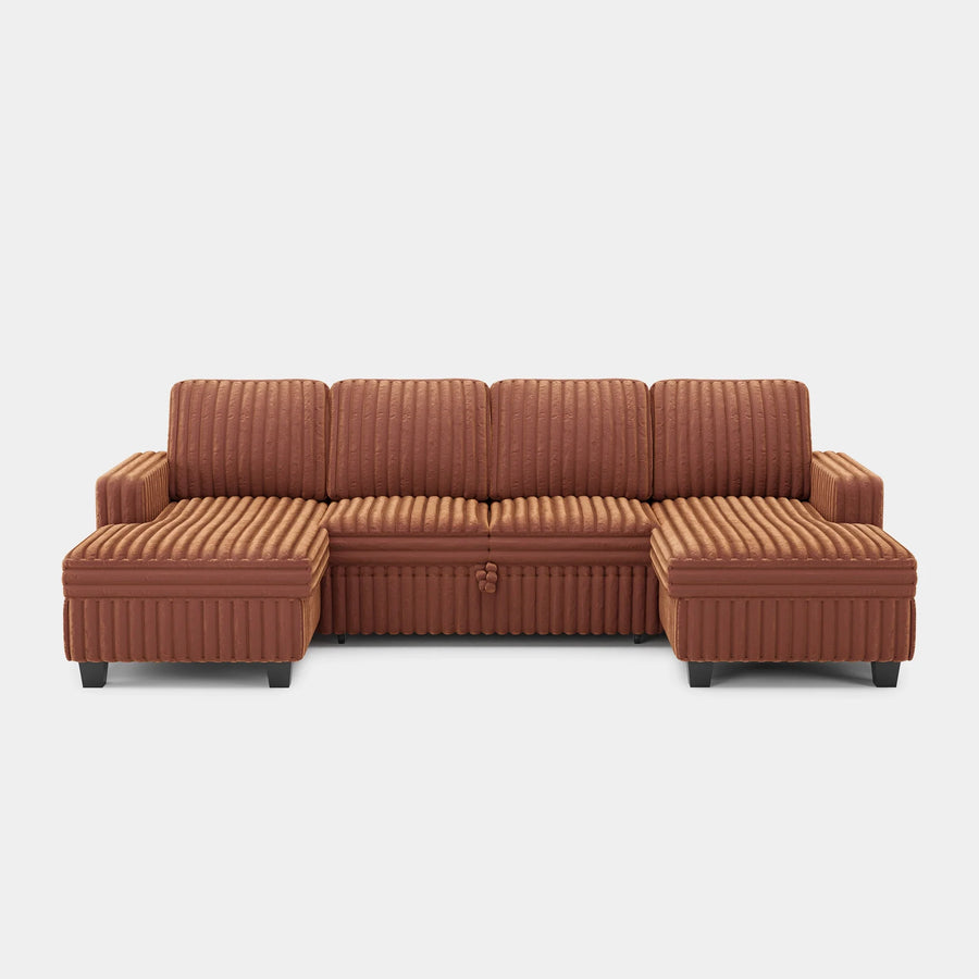 Caramel-Brown-/-Faux-Rabbit-Fur-Corduroy-4-Seat-U-Shaped-Double-Chaise-Pullout-Sectional