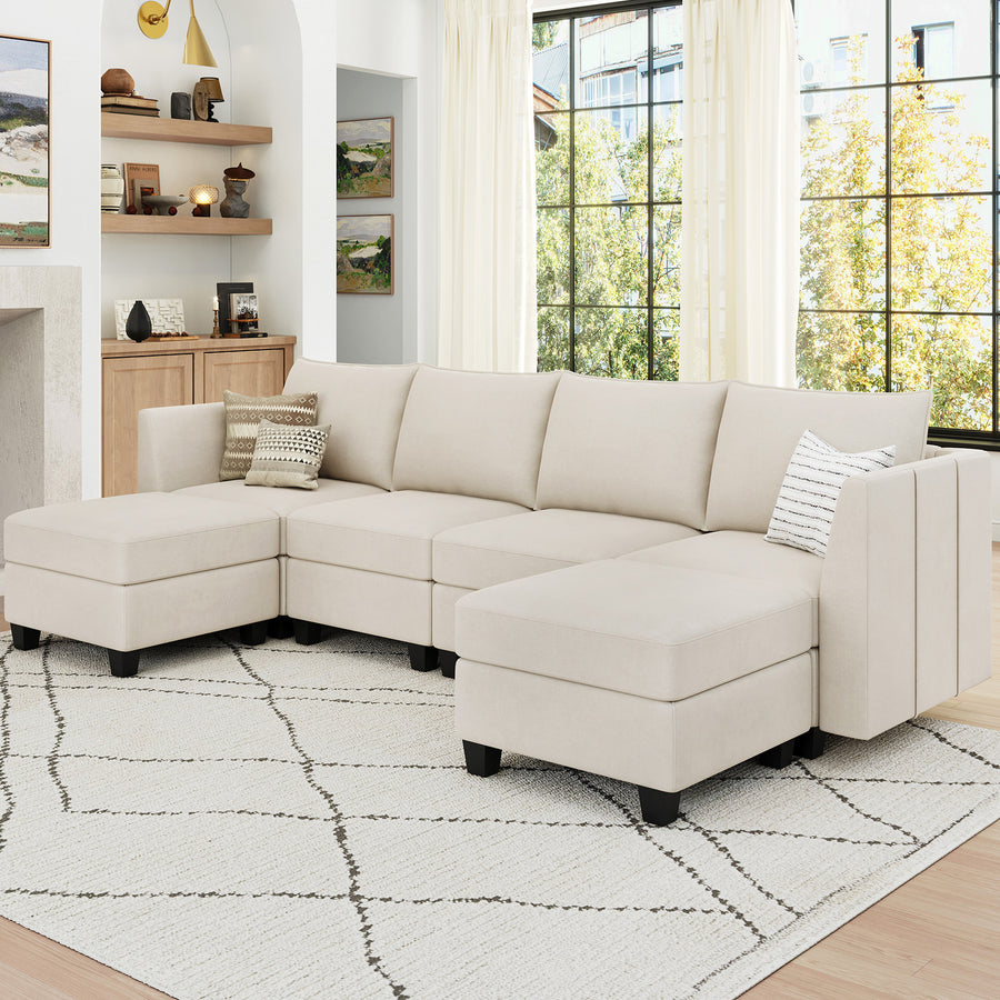 Cosmic-Latte-/-Velvet-6-Seat-U-Shaped-Open-Sectional