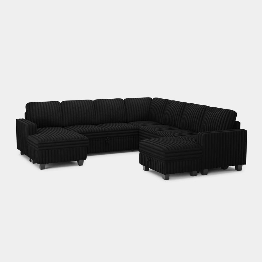 Piano-Black-/-Faux-Rabbit-Fur-Corduroy-8-Seat-U-Shaped-Left-Chaise-Pullout-Sectional