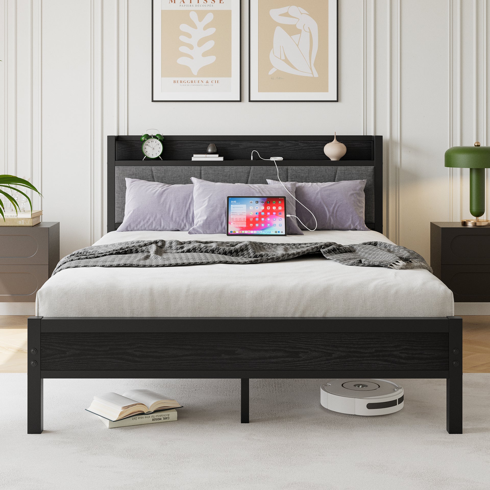 Modern Bed Frame Storage Headboard Charging Station