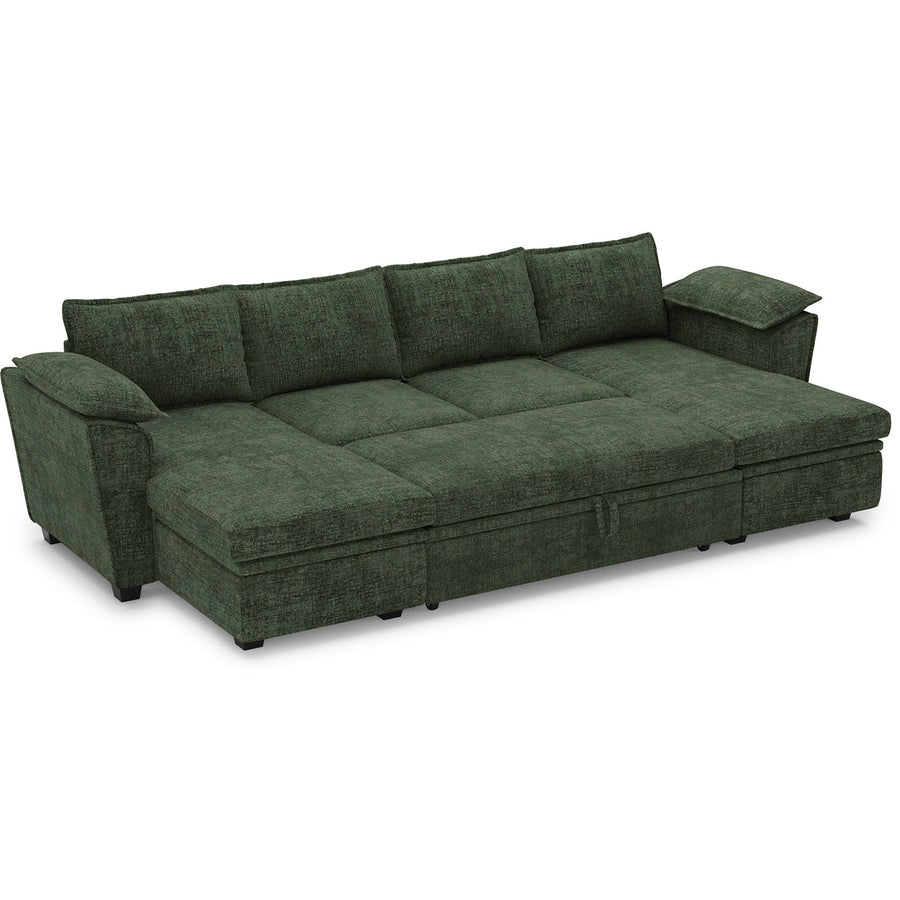 Moss-Green-/-Chenille-4-Seat-U-Shaped-Double-Chaise-Pullout-Sectional