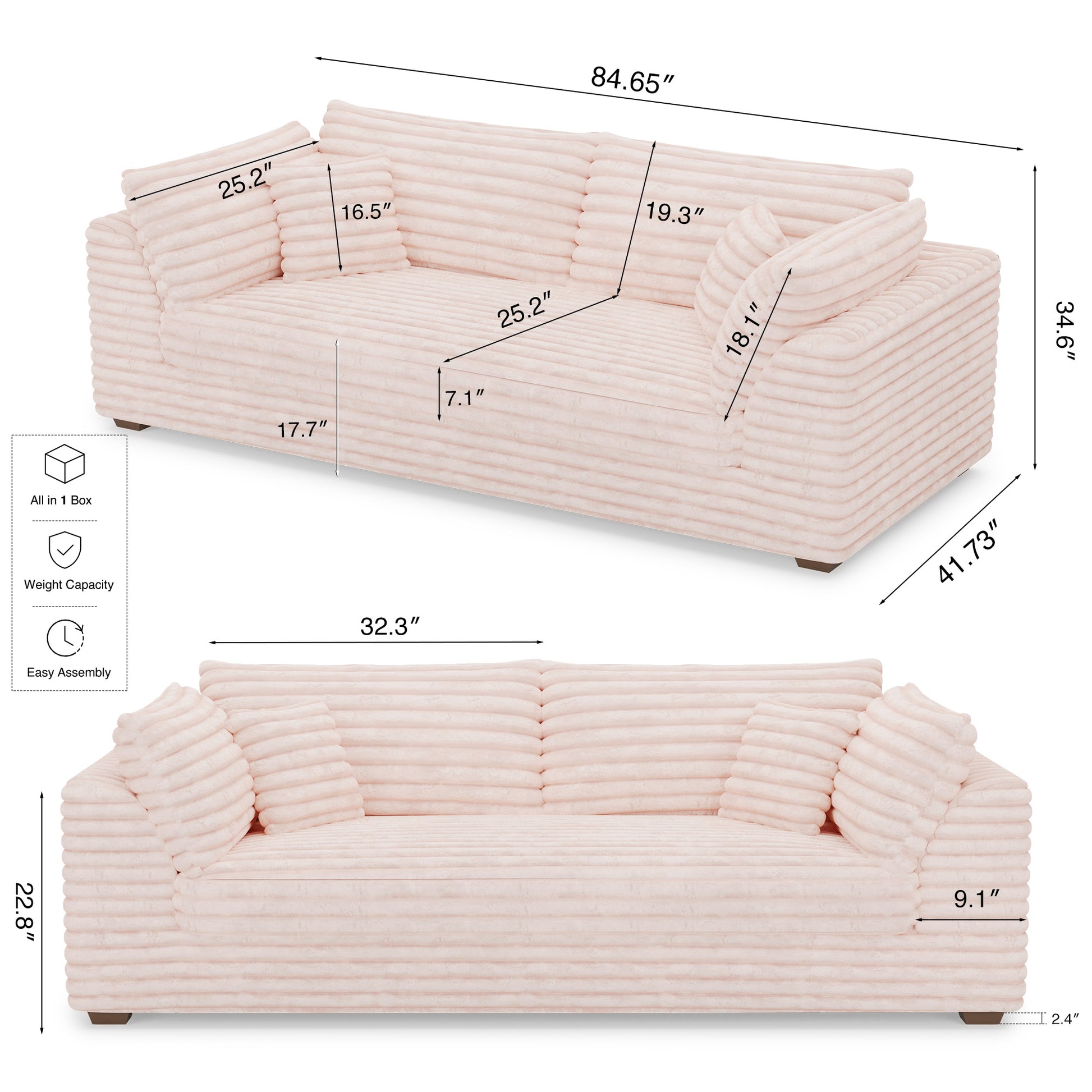 Pale-Pink-/-Faux-Rabbit-Fur-Corduroy-Loveseat
