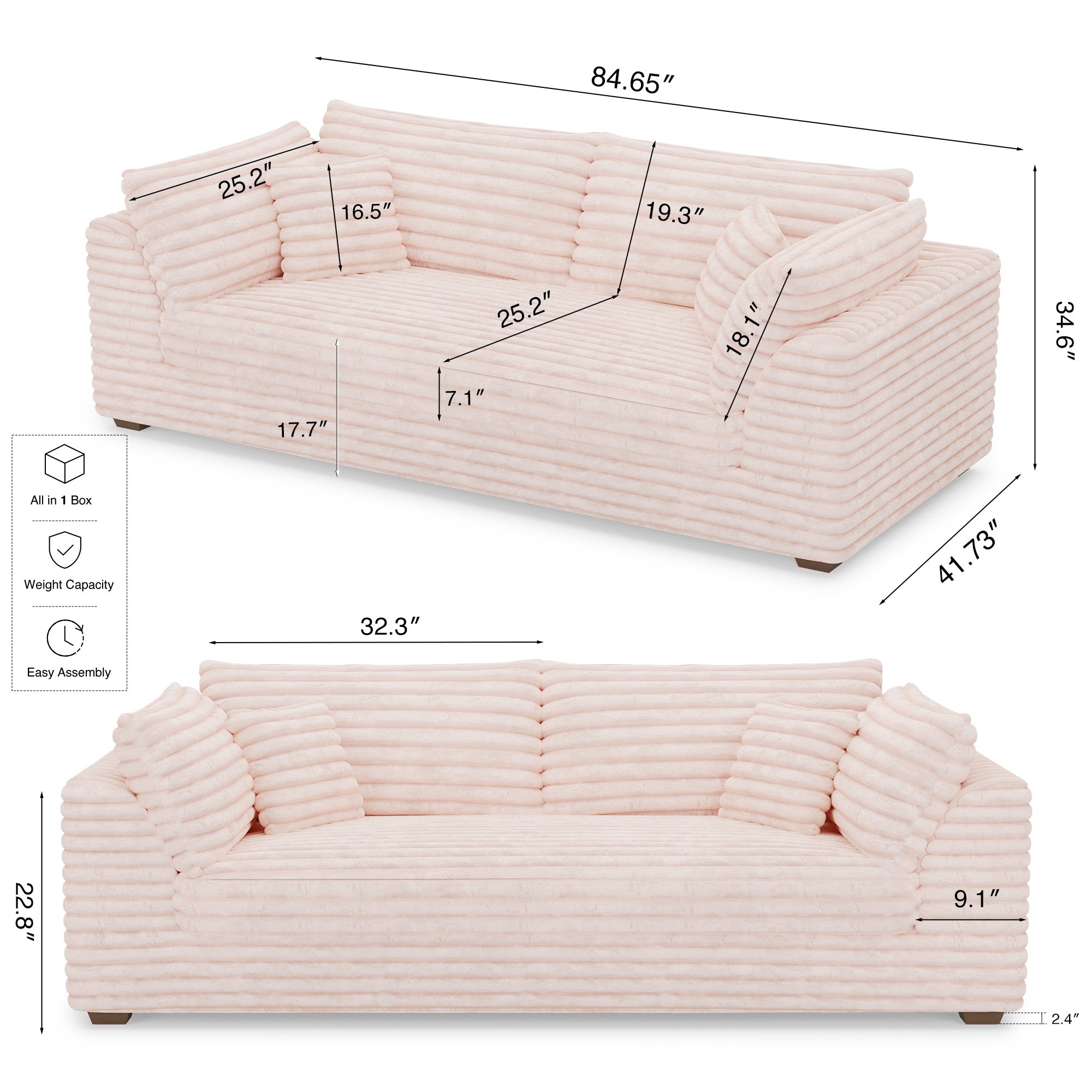 Pale-Pink-/-Faux-Rabbit-Fur-Corduroy-Loveseat