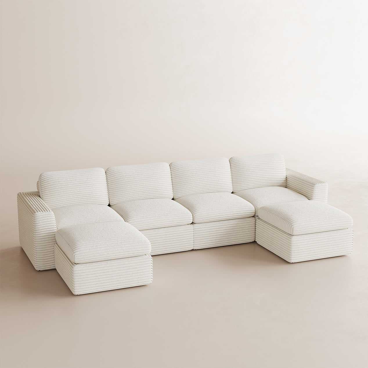 Corduroy-White-Beige-4-Seats-U-Shaped-Sectional