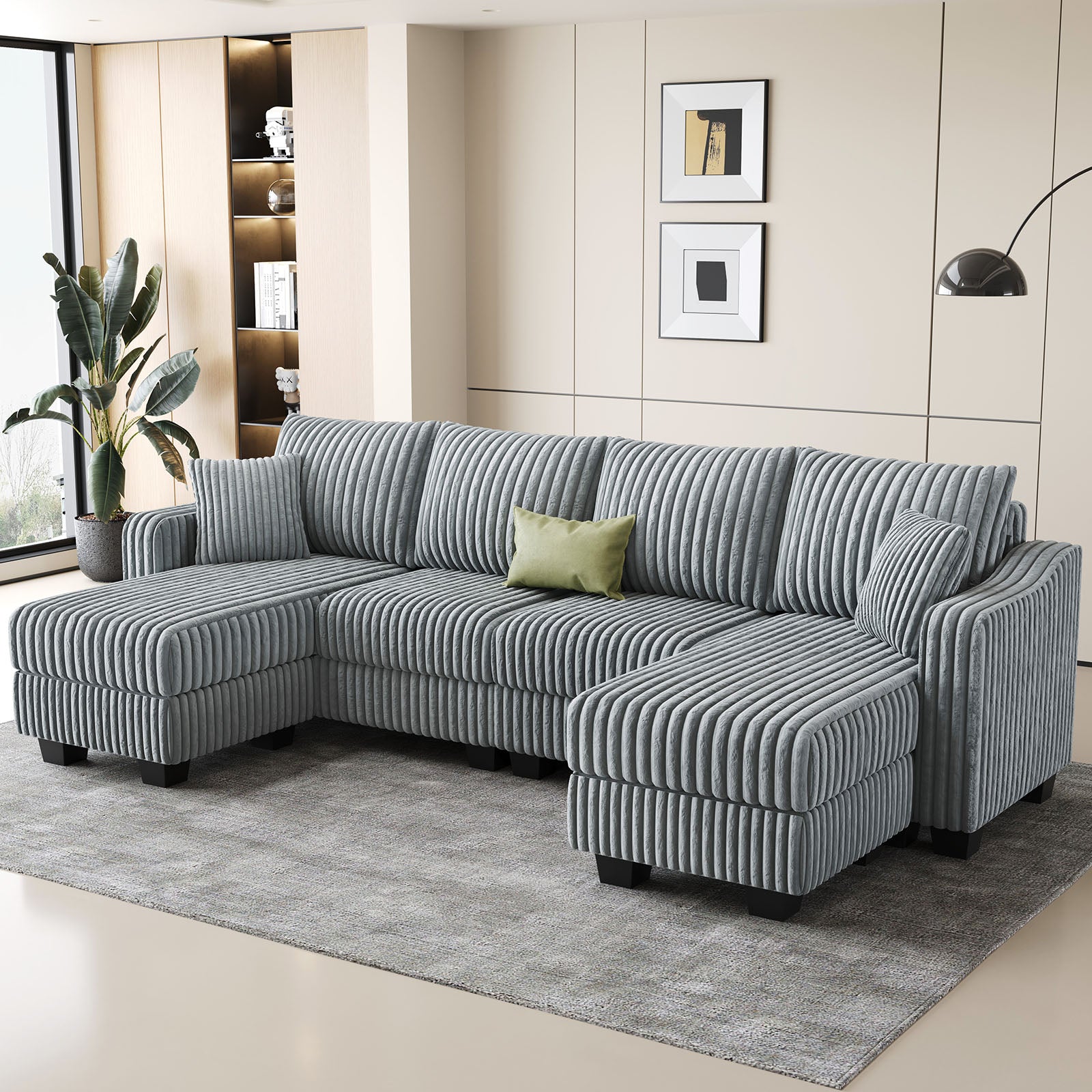 Frosted-Grey-/-Corduroy-4-Seats-U-Shaped-Sectional