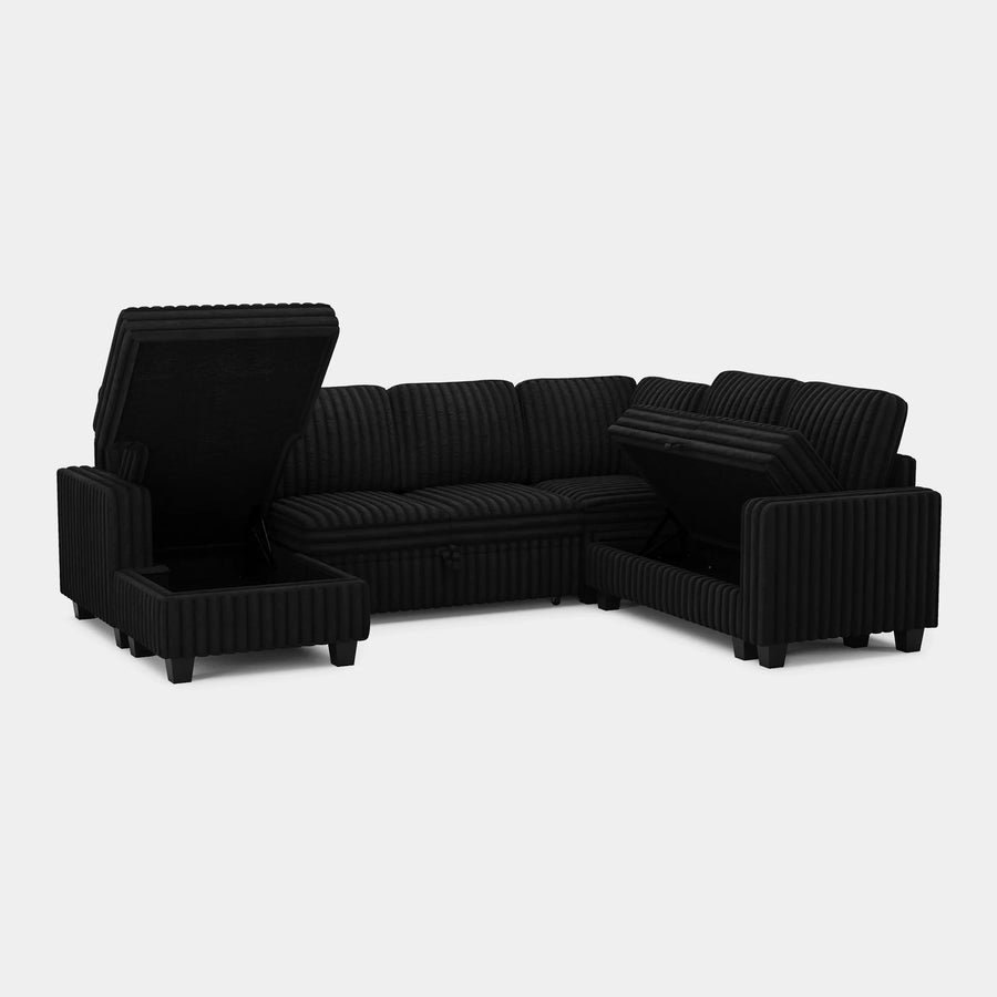 Piano-Black-/-Faux-Rabbit-Fur-Corduroy-6-Seat-U-Shaped-Left-Chaise-Pullout-Sectional