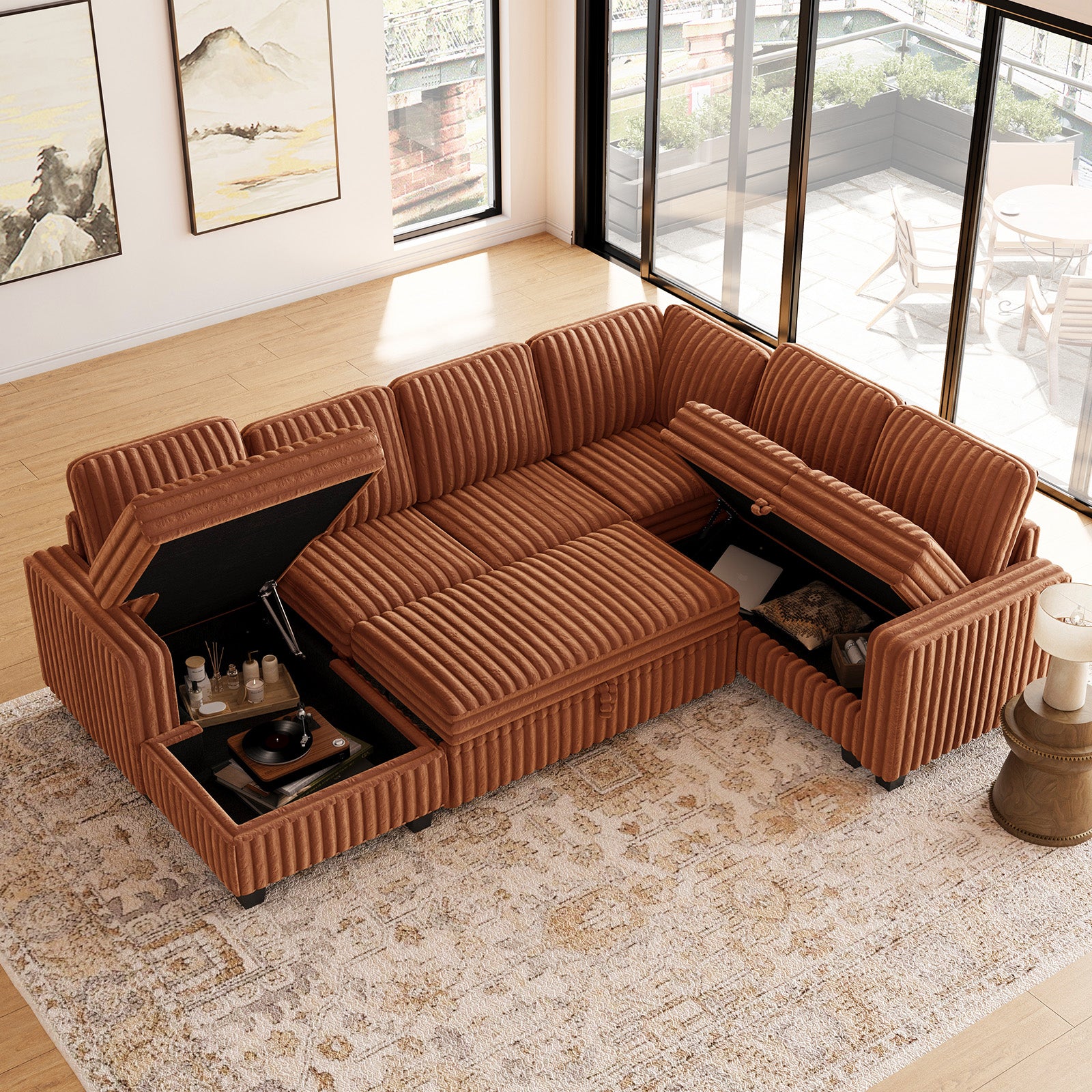 Belffin 6 Seats Modular Faux Rabbit Fur Corduroy Pull-out Sleeper Sofa with Storage Seats and Ottoman